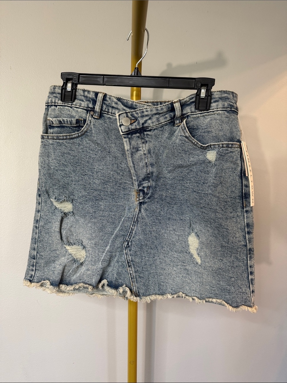 Tinseltown button fly cross over Distressed Denim Mini Skirt NWT 11
